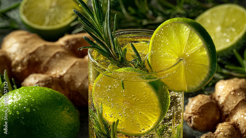 Close-up of Bubbly Lime and Rosemary Cocktail with Ginger