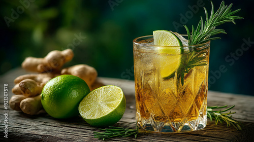 Golden Whiskey Cocktail with Lime and Rosemary on a Wooden Surface