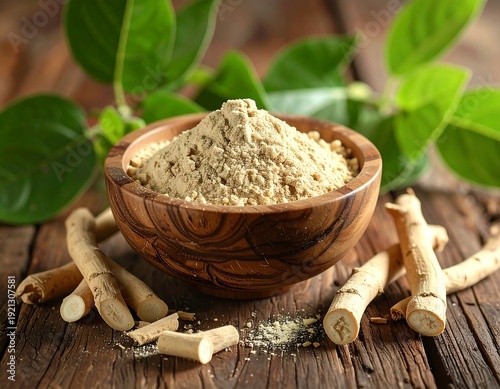 Powder in wooden bowl, with roots & leaves. Rustic wood background