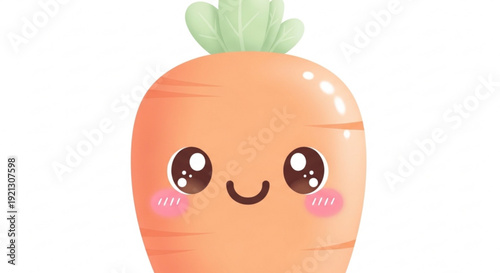 Smiling cartoon carrot with green leafy top and rosy cheeks on white background