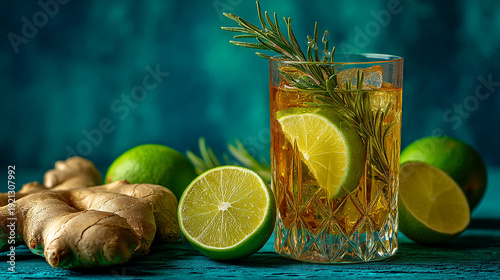 Amber Cocktail with Lime and Rosemary on Teal Wooden Background