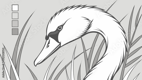 Elegant swan portrait amidst lush reeds black and white illustration.