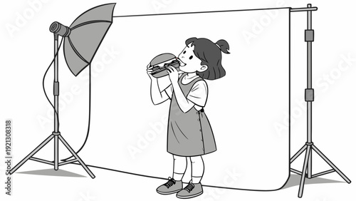 Little girl eating a hamburger in a studio setting with photography lights.