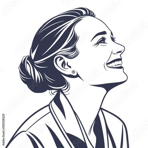 Happy woman looking up with a joyful expression black and white illustration.