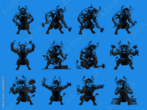 Powerful Bull Mascot Character Set: Strength, Craftsmanship & Problem Solving