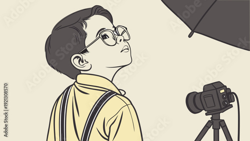 Photographer with camera and umbrella setup for a photoshoot.