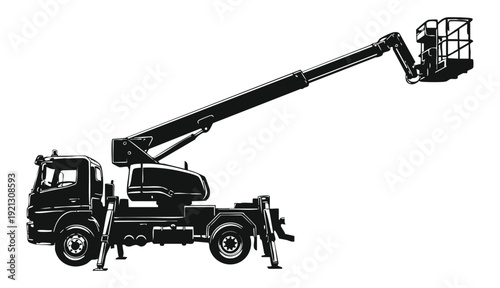 
Black silhouette of a truck with a raised aerial lift bucket Art