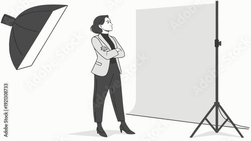Professional Woman Posing in Studio with Softbox and Backdrop.