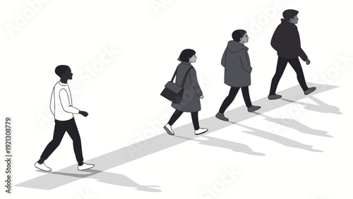 Diverse Group of People Walking Together in a Line.