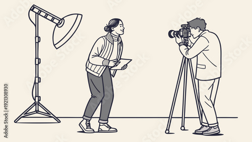 Film crew shooting a scene with a camera and lighting equipment.