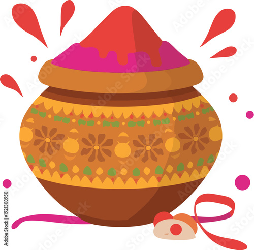 Traditional Indian earthenware pot filled with vibrant colored powder for celebrating the joyous and colorful festival of Holi with cultural spirit and festive enthusiasm