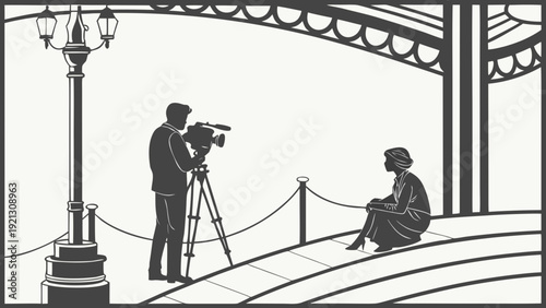 Filmmaker capturing footage of a woman sitting under a bridge with a street lamp nearby in a classic black and white illustration style.