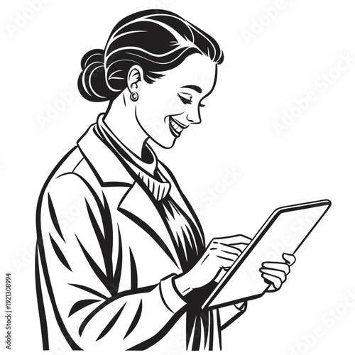 Smiling Woman Using Tablet Device.