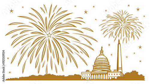 Golden Fireworks Over Washington DC Skyline.