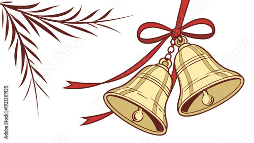 Golden Christmas Bells with Red Ribbons and Pine Branch.