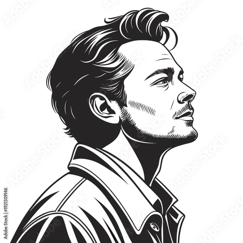 Stylish Man Looking Up in Profile Illustration.