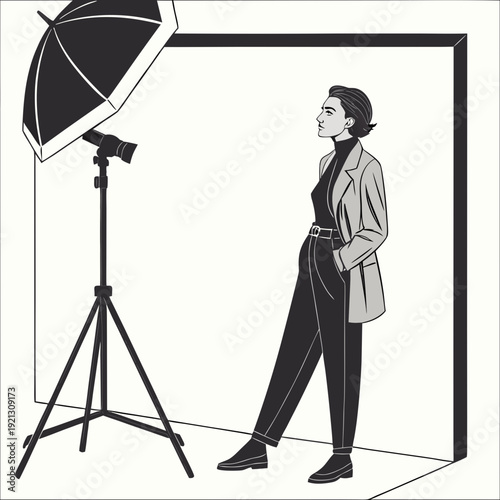 Stylish woman posing in a professional photo studio setup with an umbrella light.