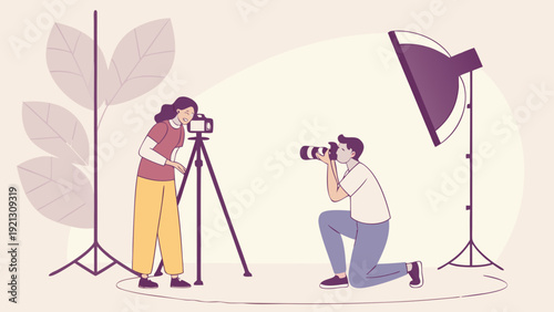 Two photographers capturing images in a professional studio setting with lighting equipment 1.