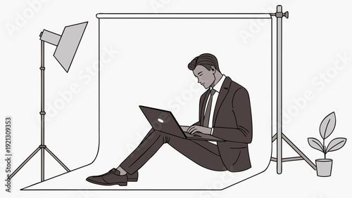 Man in suit working on laptop in a studio setting.