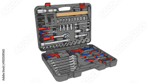 Toolbox with assorted tools and equipment displayed inside