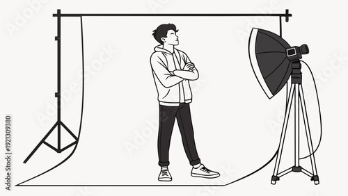 Man standing with arms crossed next to a studio light on a tripod.