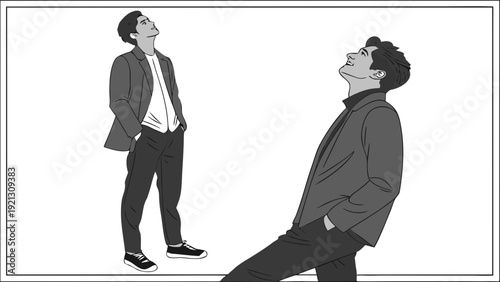 Two stylish men in suits looking up minimalist black and white illustration.