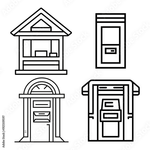 Collection of stylized architectural elements including a booth, window, door, and mailbox.
