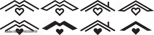 House Icon with Heart for Real Estate and Family. Love Home Living Symbols. Heart inside house roof icon. Home love real estate icon showing house with heart symbol minimal black vector illustration 