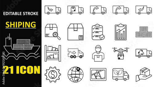 Shipping and logistics vector icons set featuring delivery truck ship warehouse and drone product delevary, Professional linear iconography for supply chain management global freight distribution carg