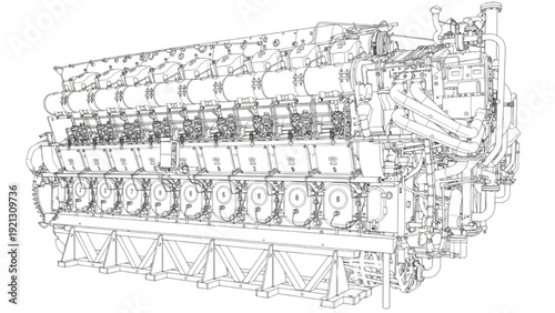 Train Engine Line Art Engineering Technical Drawing on White Background