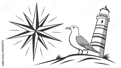 Nautical Compass Star Lighthouse and Seagull Illustration.