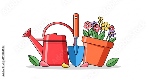 Colorful gardening tools and flowers in pot on white background