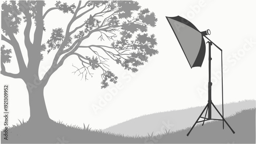 Outdoor Photography Setup with Softbox and Tree.