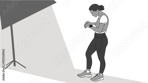 Woman checking smartwatch in a studio setting.