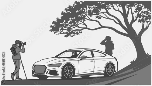 Professional photographers capturing a luxury car in a scenic outdoor setting.