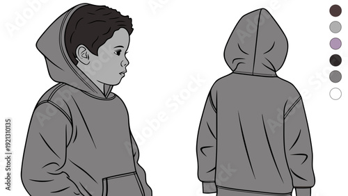 Young Boy Wearing a Hoodie Front and Back View Vector Illustration.