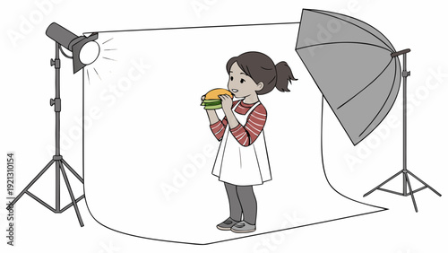 Young girl eating a hamburger in a professional photo studio setup.