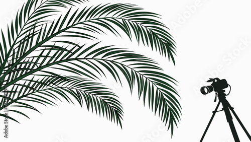 Silhouette of a camera on a tripod next to palm leaves.