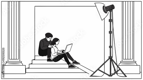 Student studying with laptop in a classical setting with studio lighting.