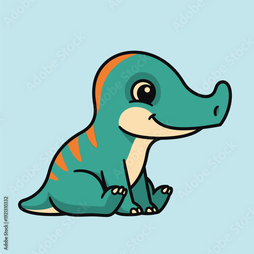 Adorable cartoon dinosaur sitting happily with a friendly smile in a flat design style on a pastel blue background, perfect for children's content