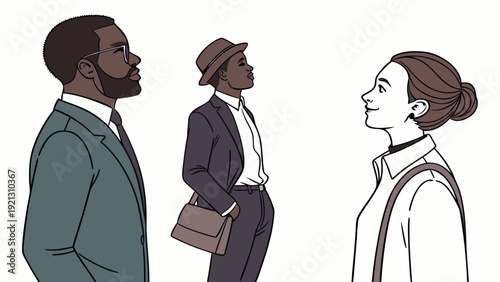 Three diverse individuals looking up with curiosity and hope.