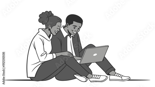 Two young people sitting on the floor using a laptop.