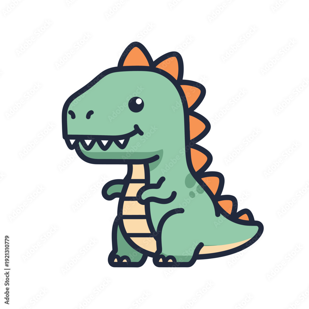 Fototapeta premium Happy cartoon dinosaur standing with orange spikes, cute and friendly, kawaii style, white background, simple and colorful, doodle art, children's illustration, fun and playful, prehistoric 