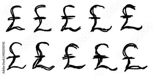 Set hand drawn pounds symbol vector for informal financial blogs. Ideal for symbolizing sketchy british economy, personal budgeting, and wealth.