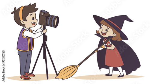 Young boy filming a girl dressed as a witch with a broomstick.