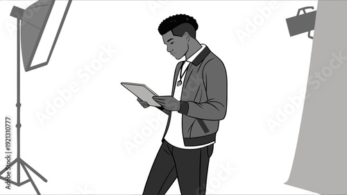 Young man in a photo studio looking at a tablet.