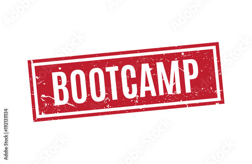Grunge red rectangular bootcamp rubber stamp icon for education training program and intensive workshop event branding