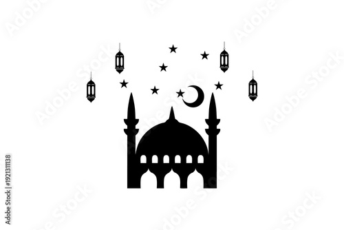 This is a vector image of the Shillouet Mosque, Islamic lamps, moon and stars, suitable for use in printing company logo designs, Eid envelopes, Eid greeting cards, tote bags, accessories, knick-knack