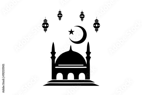 This is a vector image of the Shillouet Mosque, Islamic lamps, moon and stars, suitable for use in printing company logo designs, Eid envelopes, Eid greeting cards, tote bags, accessories, knick-knack