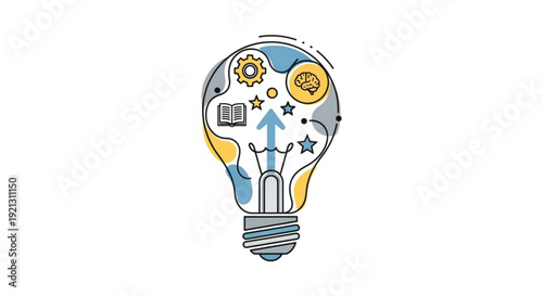 Creative idea light bulb with gears stars and brain for innovation and inspiration in business and education